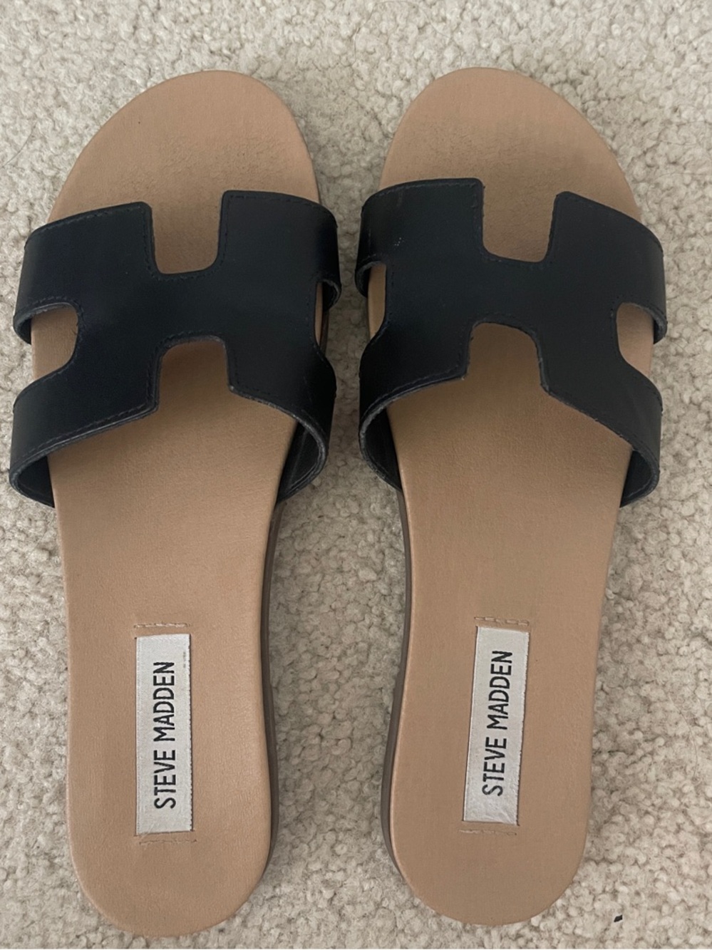 Steve Madden Black Slide Sandals with Tan Footbed
